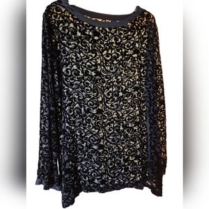 Black Lace Lined Sheer Velvet Top measures 22" across bust with side slits.